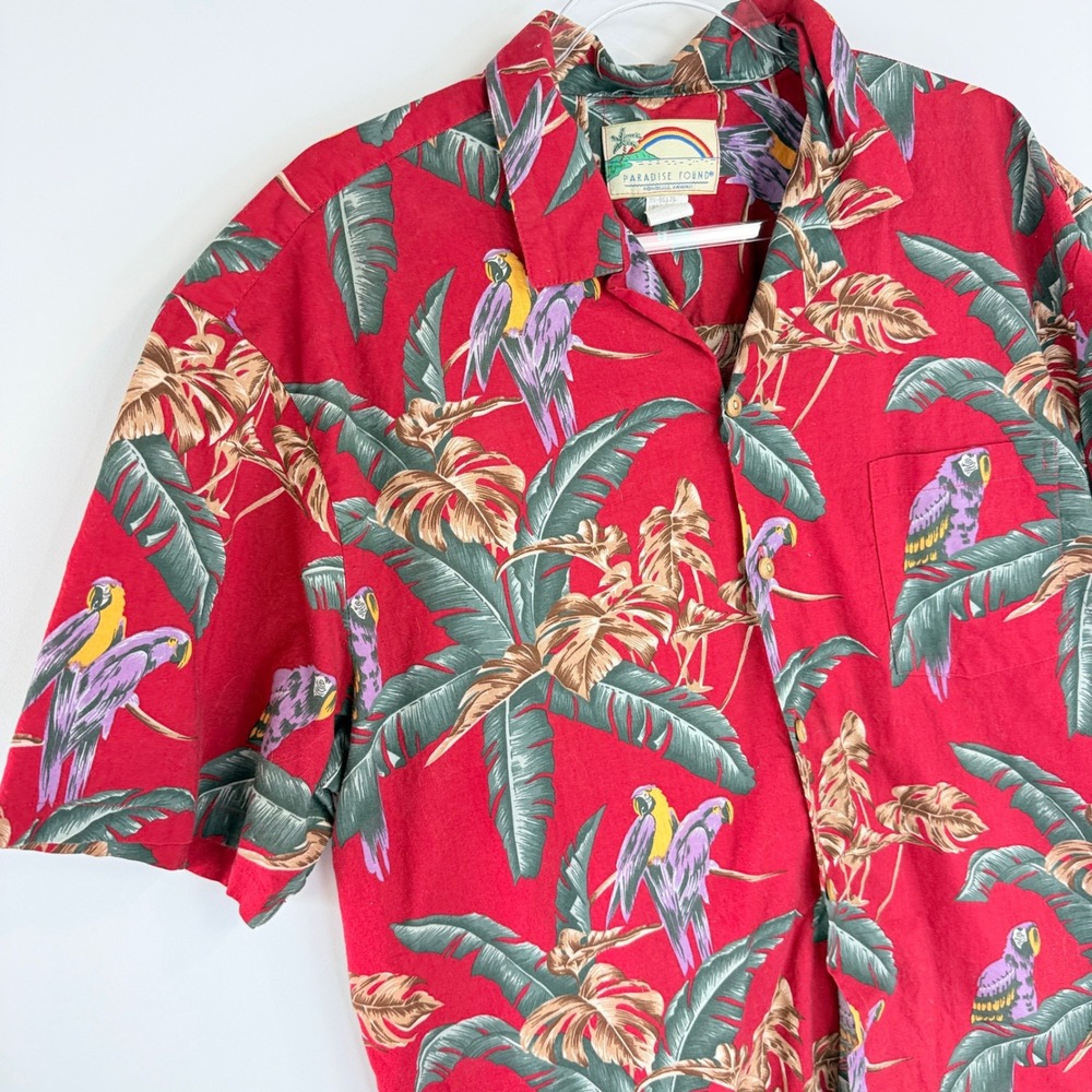 Paradise Found Shirt Mens XL Red Jungle Bird Parrot Magnum PI Aloha Cotton